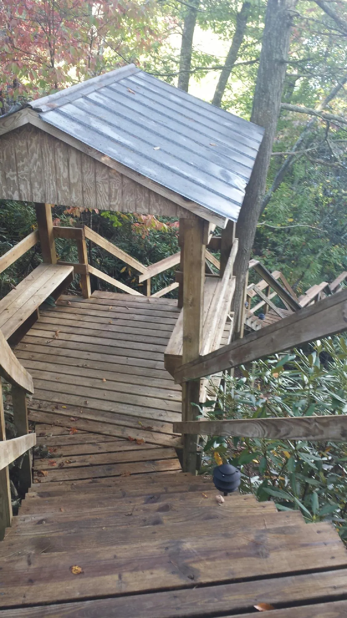 Metal roofed shelter over wooden steps on a wooded walkway — Skylight Repair & Installation work by our crew in Galena
